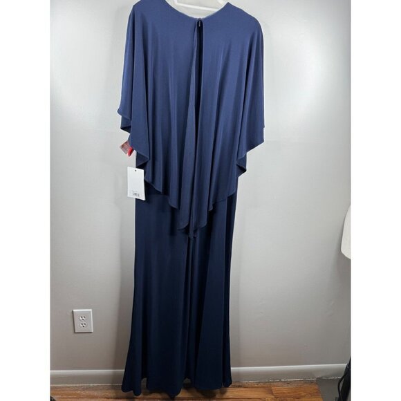 Mac Duggal Jersey Cape A Line Maxi Evening Gown Dress Navy Blue Sz 14W NWT 67929 - Picture 5 of 6